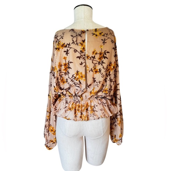 Storia Women’s Lined Tan Velvet Burnout Floral Cinched Waist Peasant Blouse Sz S - Picture 2 of 10